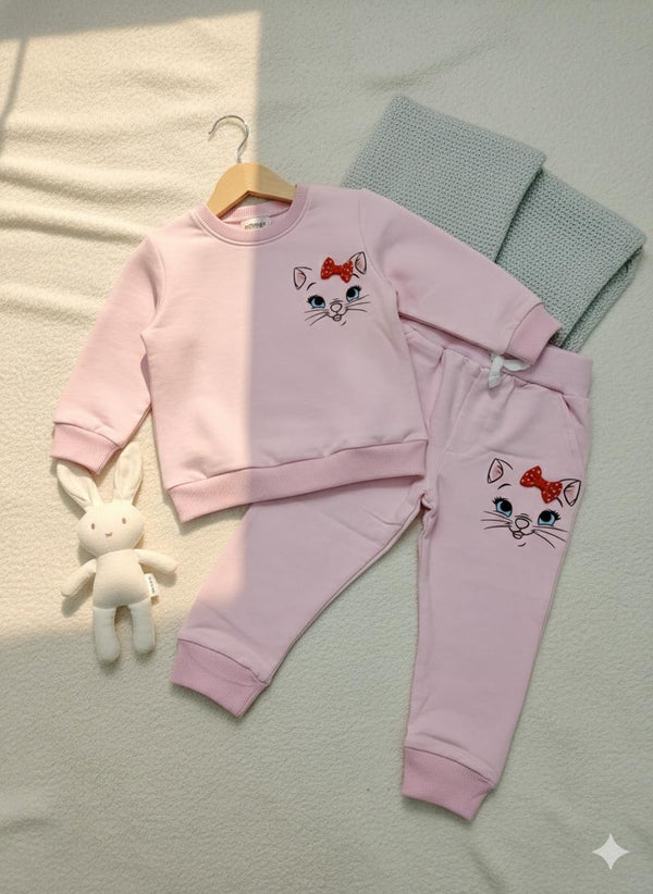 Pink Cotton Jogger Pants with Cat Print – Soft Elastic Waist Comfort Fit