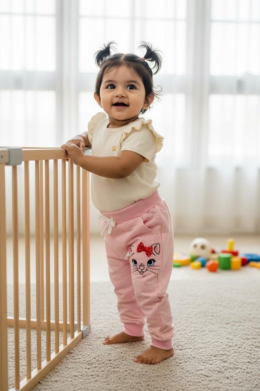 Pink Cotton Jogger Pants with Cat Print – Soft Elastic Waist Comfort Fit