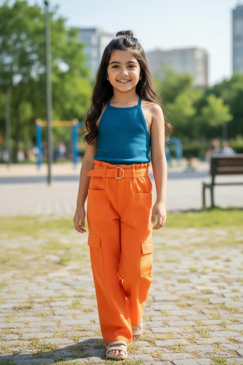 Fanta Orange Cargo Pants with Belt – Trendy Wide Leg Utility Pants