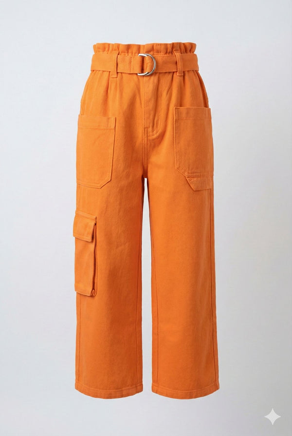 Fanta Orange Cargo Pants with Belt – Trendy Wide Leg Utility Pants