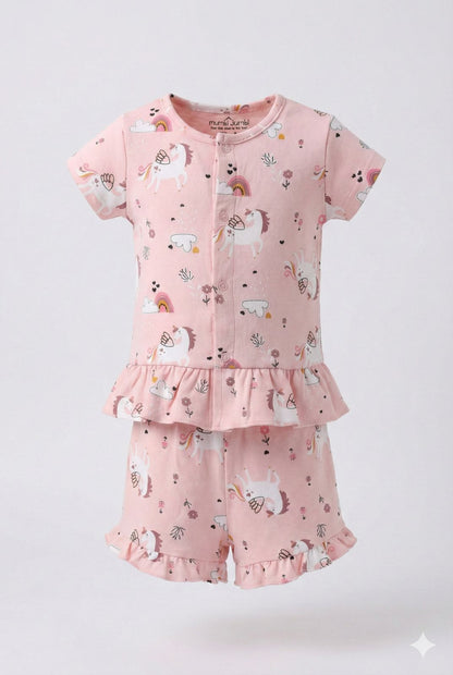 Peach Unicorn Cotton Nightwear Set – Soft Top & Shorts Sleepwear