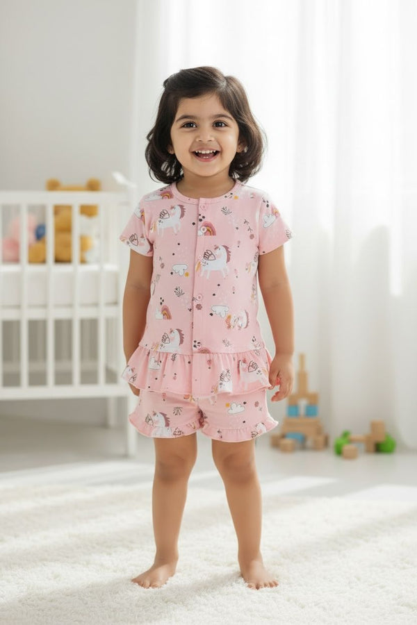 Peach Unicorn Cotton Nightwear Set – Soft Top & Shorts Sleepwear