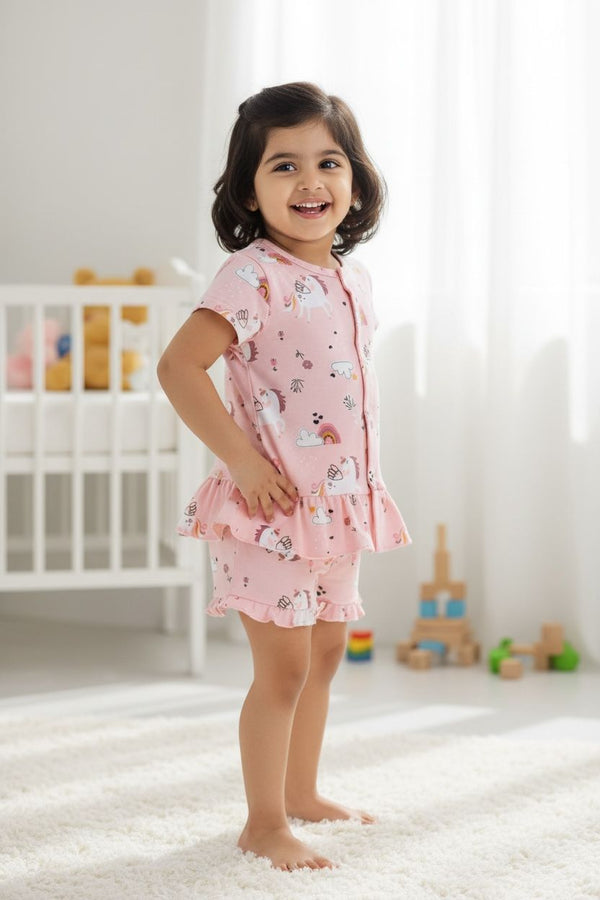 Peach Unicorn Cotton Nightwear Set – Soft Top & Shorts Sleepwear