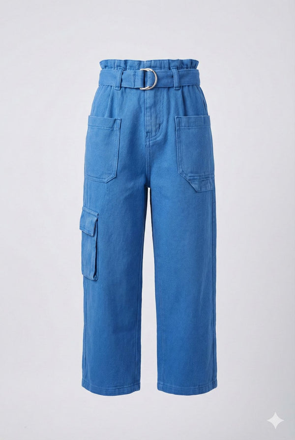 Electric Blue Cargo Pants with Belt – Trendy Wide Leg Utility Pants