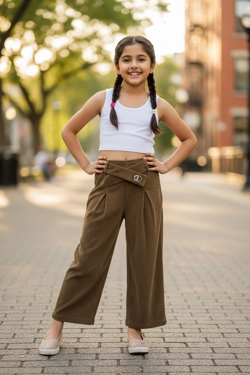 Brown Corduroy Palazzo Pants with Belt – Wide Leg Winter Trousers