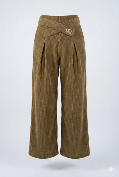 Brown Corduroy Palazzo Pants with Belt – Wide Leg Winter Trousers