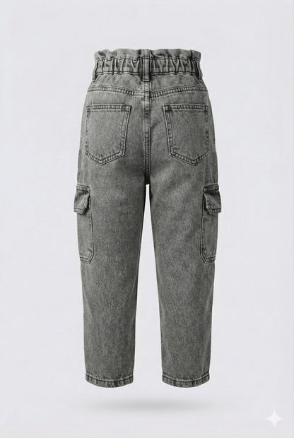 Grey Washed Cargo Denim Jeans – Relaxed Fit Utility Style Pants