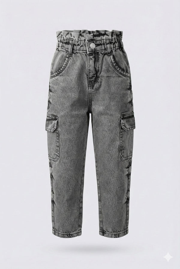 Grey Washed Cargo Denim Jeans – Relaxed Fit Utility Style Pants
