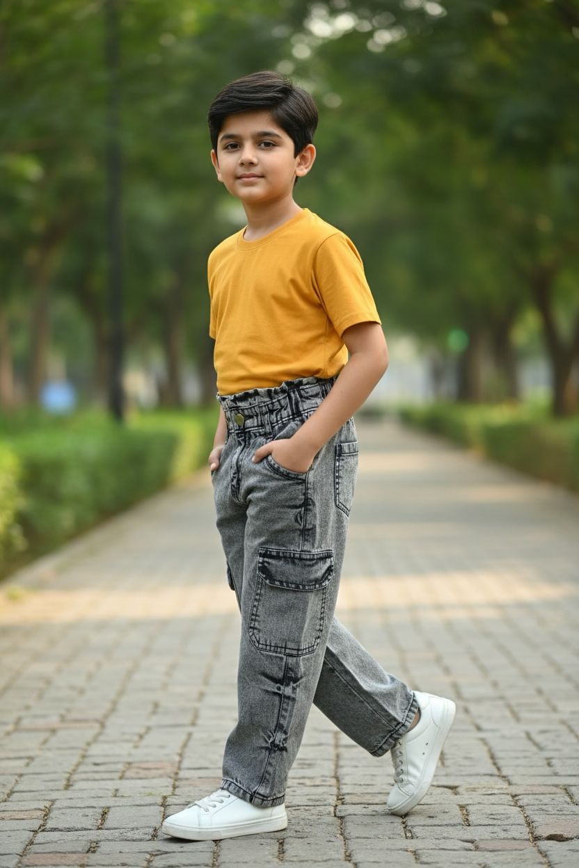 Grey Washed Cargo Denim Jeans – Relaxed Fit Utility Style Pants