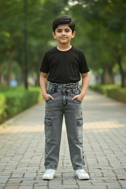 Grey Washed Cargo Denim Jeans – Relaxed Fit Utility Style Pants