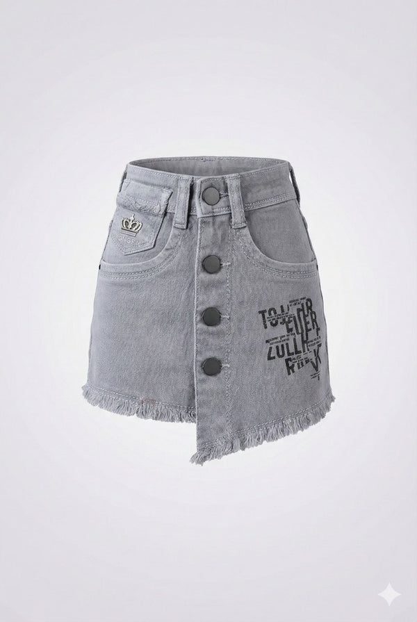 Grey Denim Button-Front Skirt – Frayed Hem Street Style Skirt