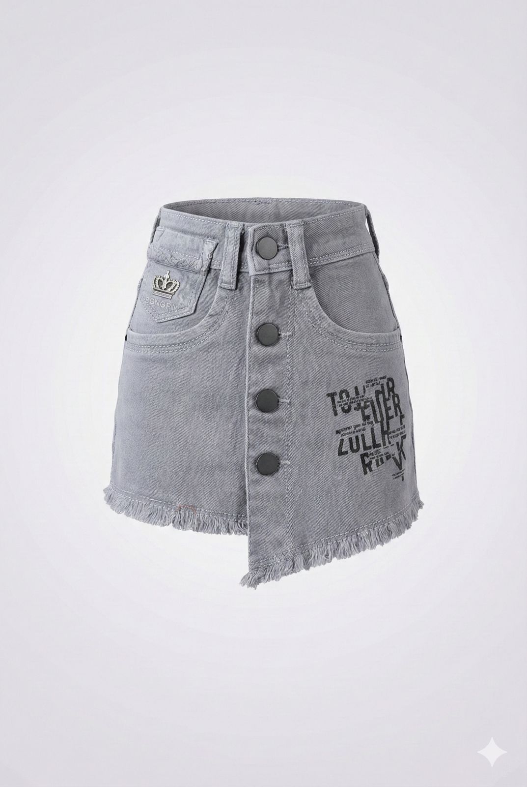 Grey Denim Button-Front Skirt – Frayed Hem Street Style Skirt