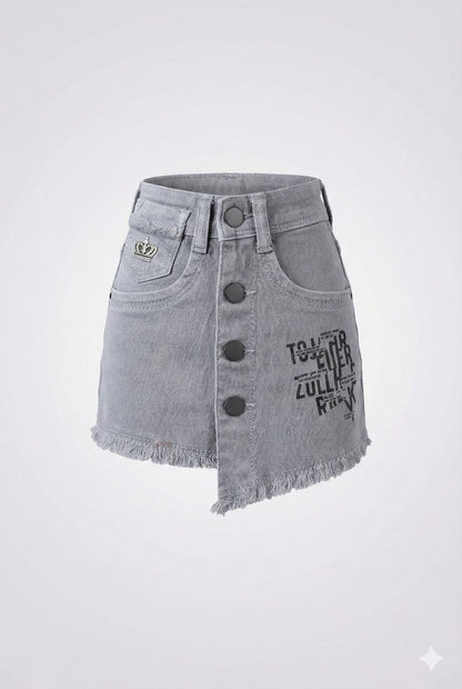 Grey Denim Button-Front Skirt – Frayed Hem Street Style Skirt