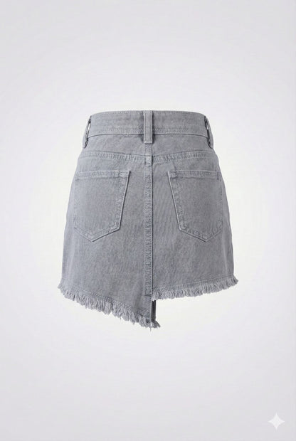Grey Denim Button-Front Skirt – Frayed Hem Street Style Skirt