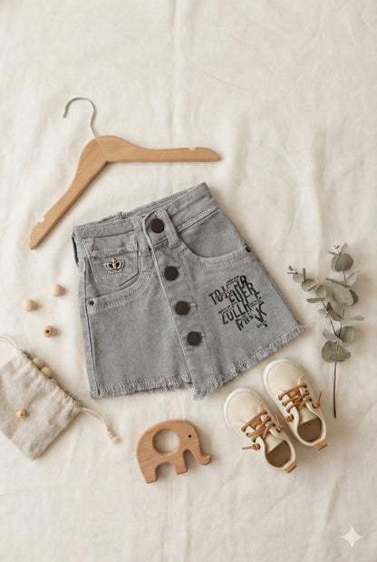 Grey Denim Button-Front Skirt – Frayed Hem Street Style Skirt