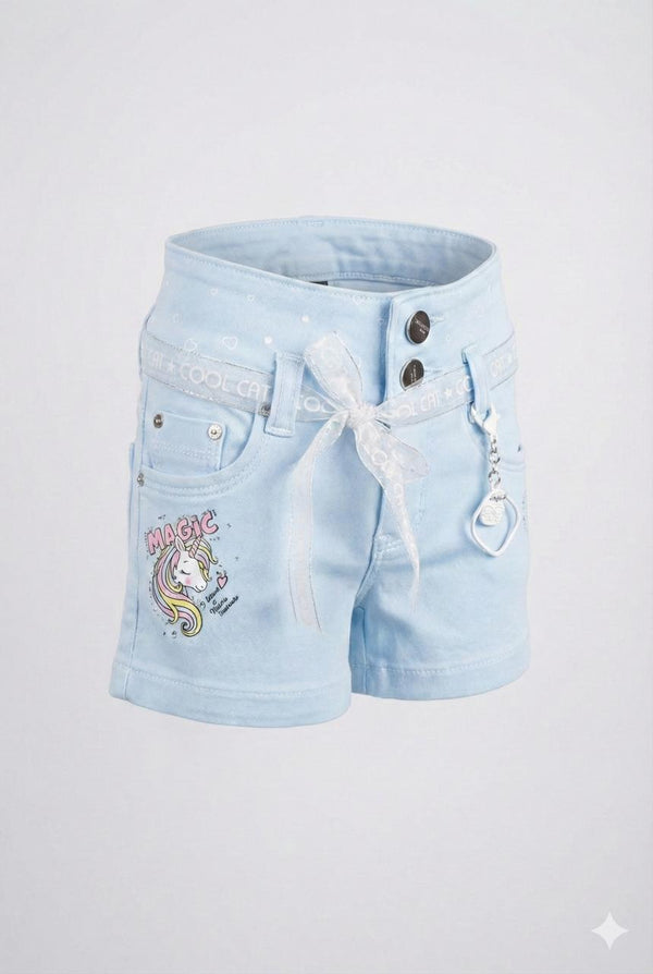 Magic Unicorn Denim Shorts with Belt & Charm – Pastel Blue