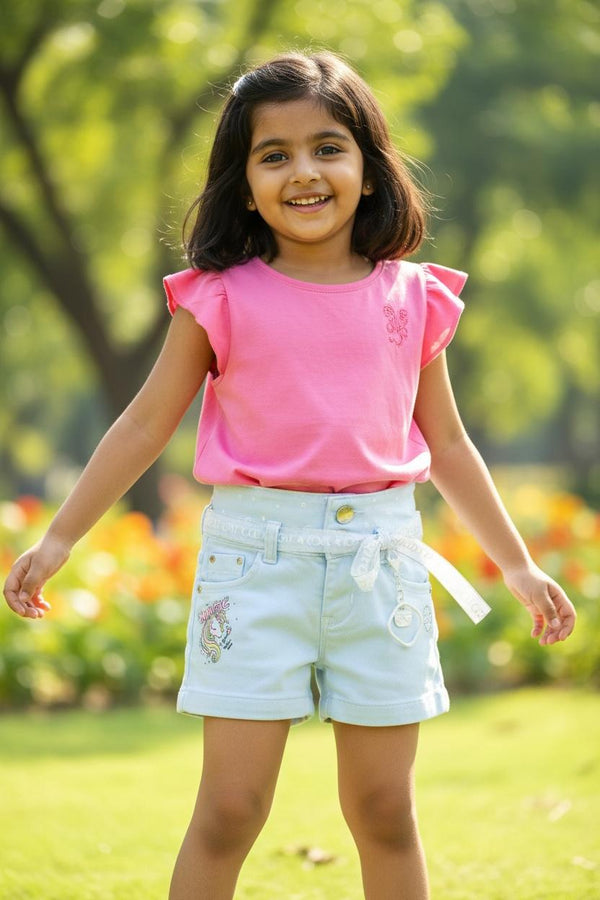 Magic Unicorn Denim Shorts with Belt & Charm – Pastel Blue