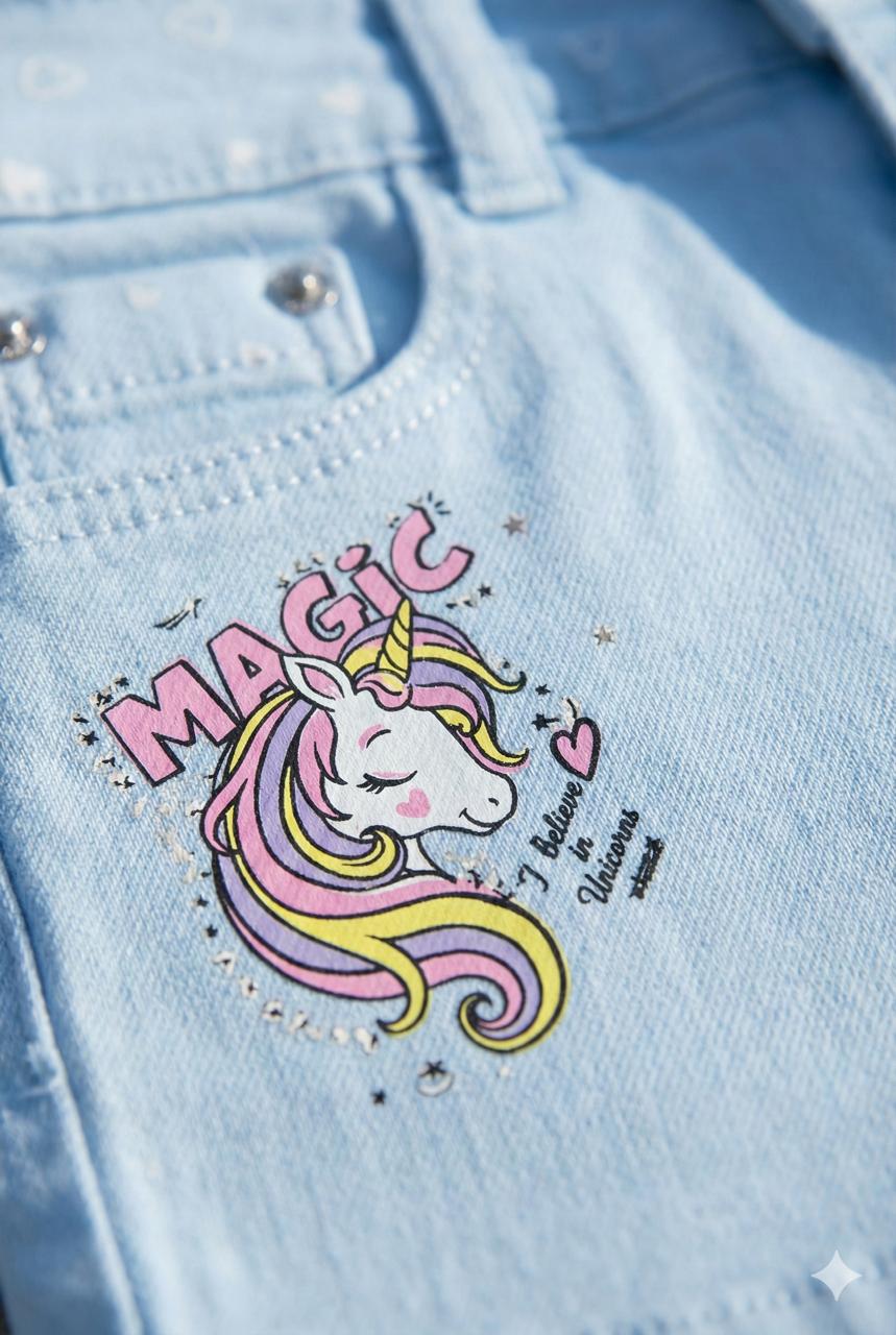 Magic Unicorn Denim Shorts with Belt & Charm – Pastel Blue