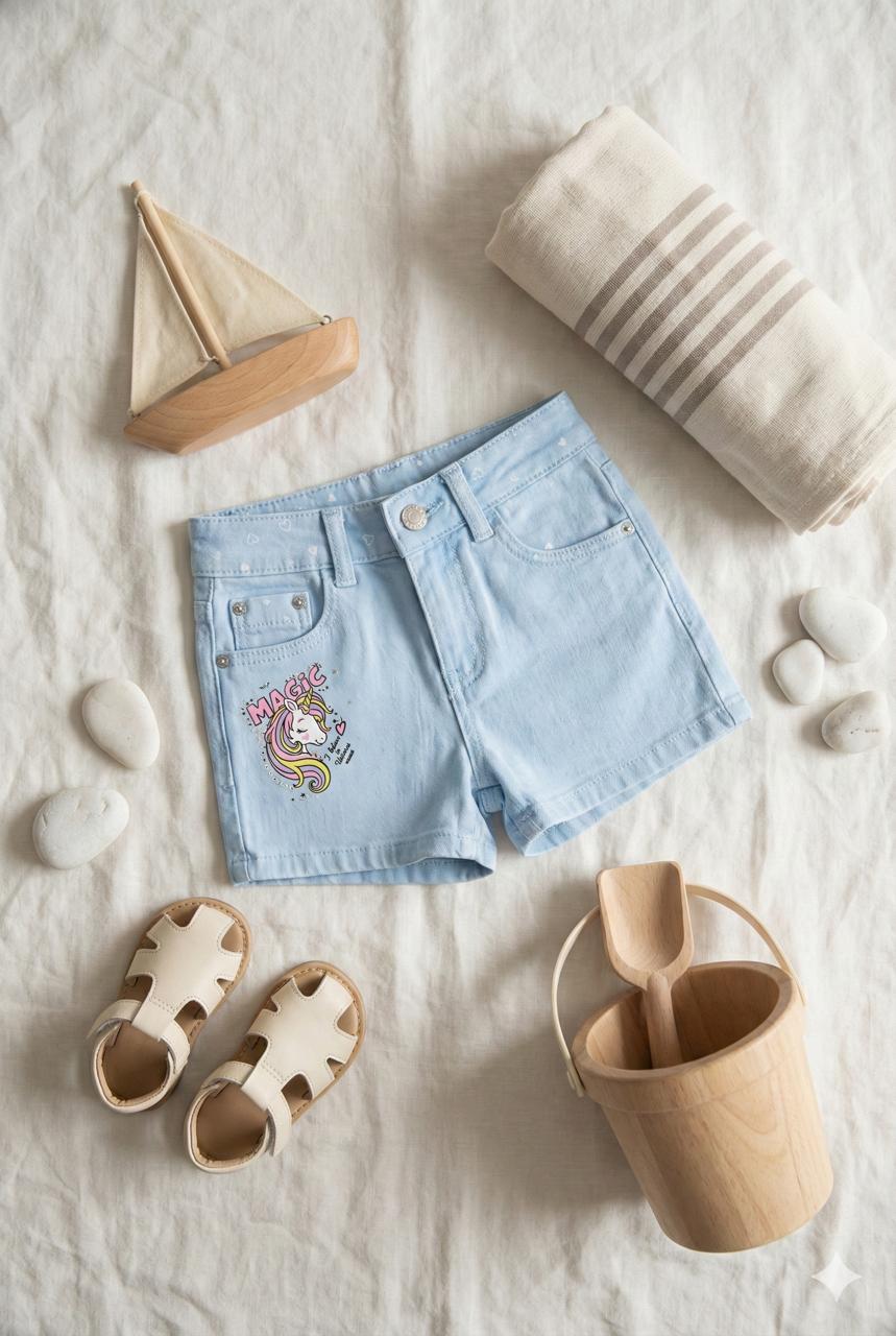 Magic Unicorn Denim Shorts with Belt & Charm – Pastel Blue