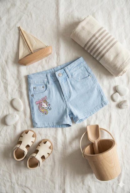 Magic Unicorn Denim Shorts with Belt & Charm – Pastel Blue