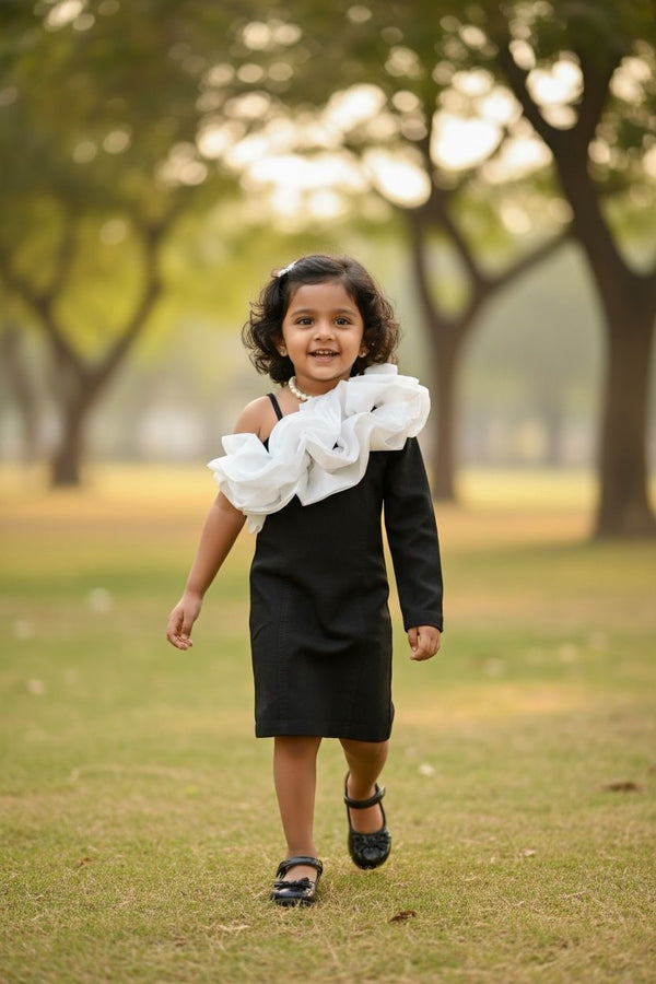 Black & White Statement Ruffle Party Denim Dress – Premium Boutique Collection