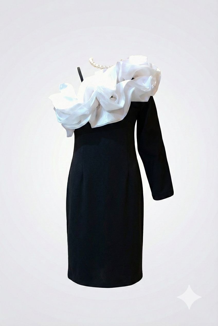 Black & White Statement Ruffle Party Denim Dress – Premium Boutique Collection