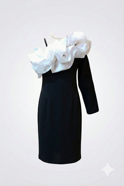 Black & White Statement Ruffle Party Denim Dress – Premium Boutique Collection