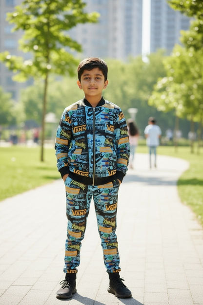 Blue Printed Winter Tracksuit Set – Zipper Jacket & Jogger Co-Ord