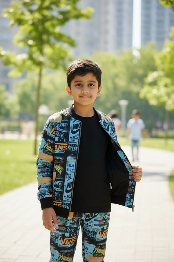 Blue Printed Winter Tracksuit Set – Zipper Jacket & Jogger Co-Ord