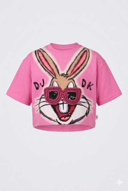 Pink Oversized Bunny Graphic Crop Top – Patchwork Specs Design