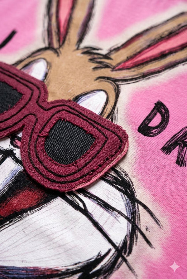Pink Oversized Bunny Graphic Crop Top – Patchwork Specs Design