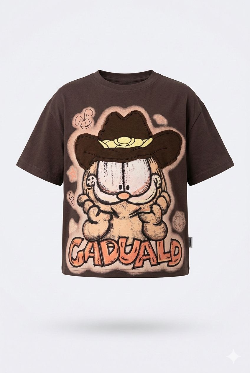 Garfield Oversized Cartoon Graphic Crop Top – Patchwork Hat Design