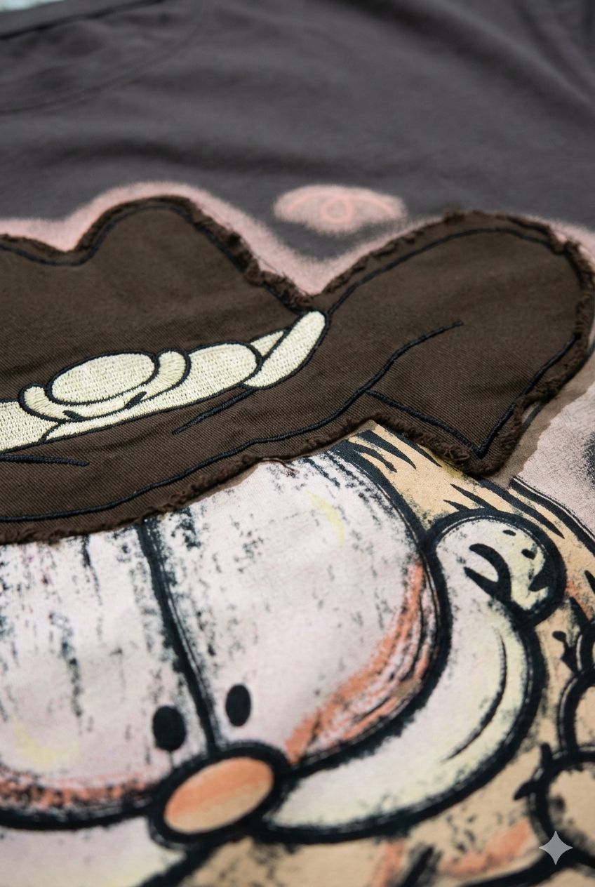 Garfield Oversized Cartoon Graphic Crop Top – Patchwork Hat Design