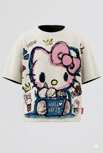 Hello Kitty Oversized Crop Top – Stylish Back Graphic and Embossed Kitty