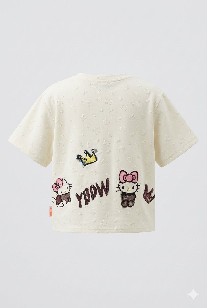 Hello Kitty Oversized Crop Top – Stylish Back Graphic and Embossed Kitty