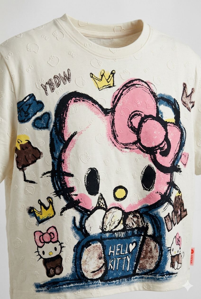 Hello Kitty Oversized Crop Top – Stylish Back Graphic and Embossed Kitty