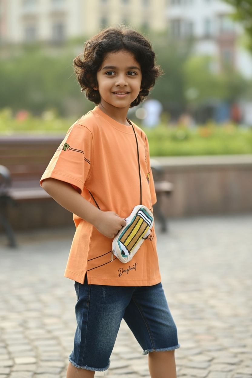 Orange Oversized T-Shirt with Attached Pencil Pouch – Trendy Streetwear Style | Devils n Dolls