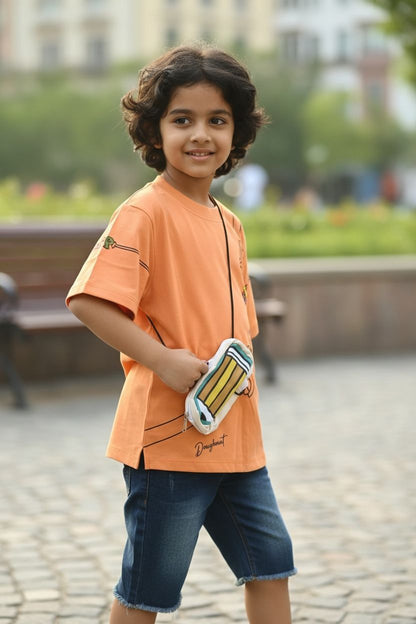 Orange Oversized T-Shirt with Attached Pencil Pouch – Trendy Streetwear Style | Devils n Dolls