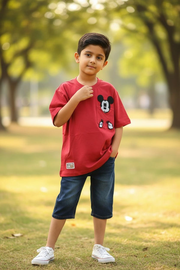 Red Oversized Mickey Patchwork T-Shirt with Pocket – Trendy Casual Streetwear | Devils n Dolls
