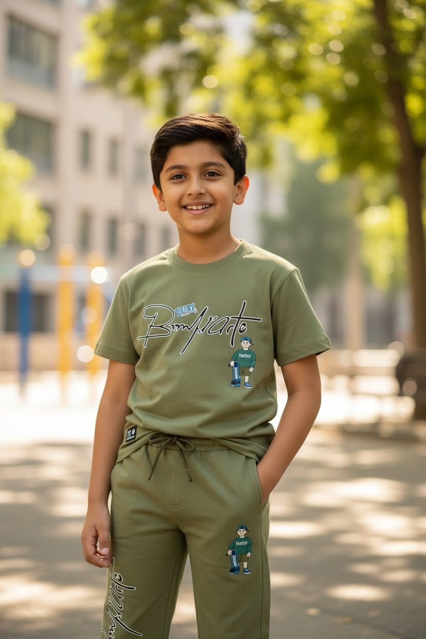 Boys Olive Green Printed Co-ord Set