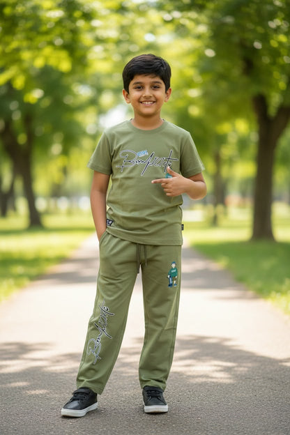 Boys Olive Green Printed Co-ord Set