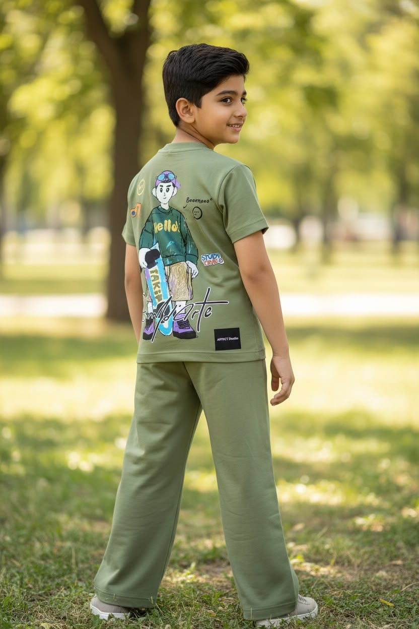 Boys Olive Green Printed Co-ord Set