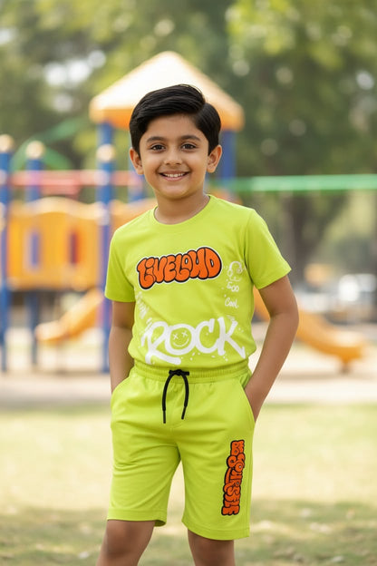 Lime Green Boys Rockstar Printed T-Shirt & Shorts Set