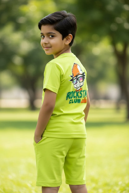 Lime Green Boys Rockstar Printed T-Shirt & Shorts Set