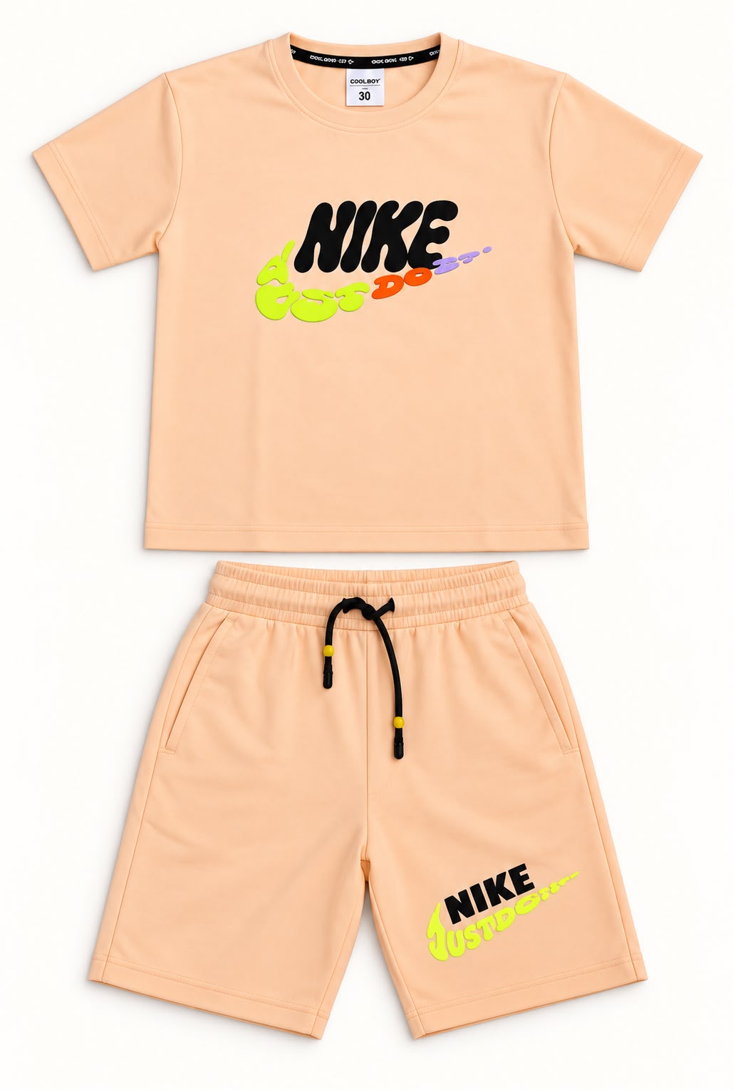 Peach Graphic Print T-Shirt & Shorts Set for Boys