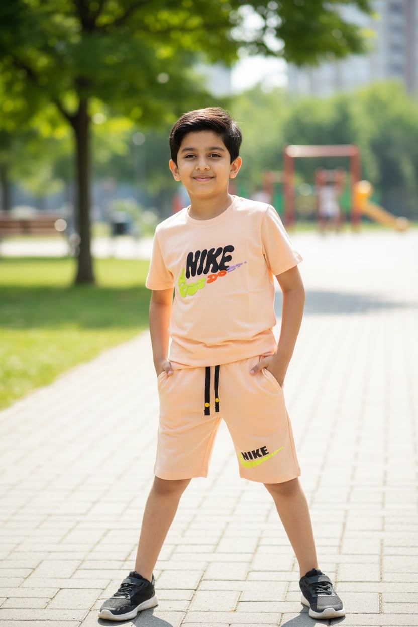 Peach Graphic Print T-Shirt & Shorts Set for Boys