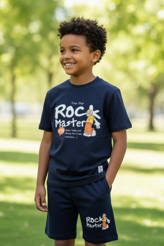 💙 Navy Blue Rock Master T-Shirt & Shorts Co-ord Set
