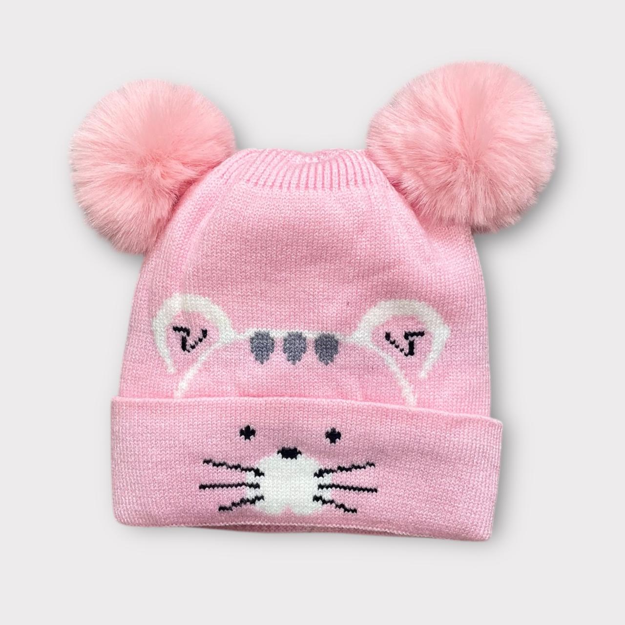 Baby/Toddler Winter Cap – Blue Knit Beanie with Bear-Ear Pom Poms