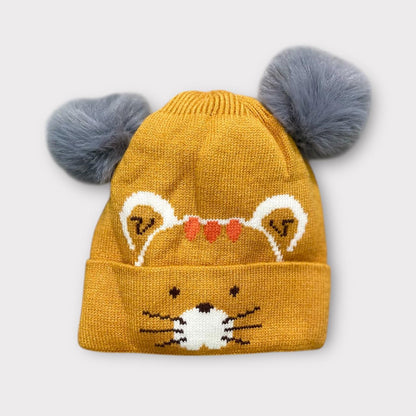 Baby/Toddler Winter Cap – Blue Knit Beanie with Bear-Ear Pom Poms