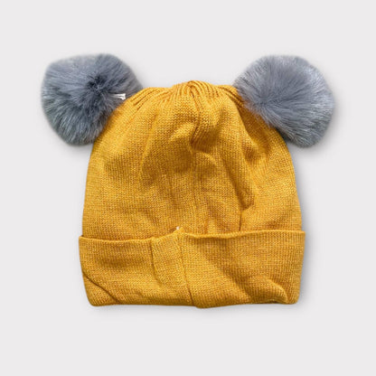 Baby/Toddler Winter Cap – Blue Knit Beanie with Bear-Ear Pom Poms